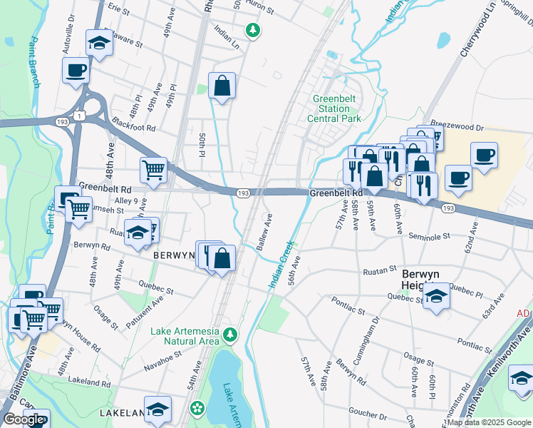 map of restaurants, bars, coffee shops, grocery stores, and more near 8444 Ballew Avenue in Berwyn Heights