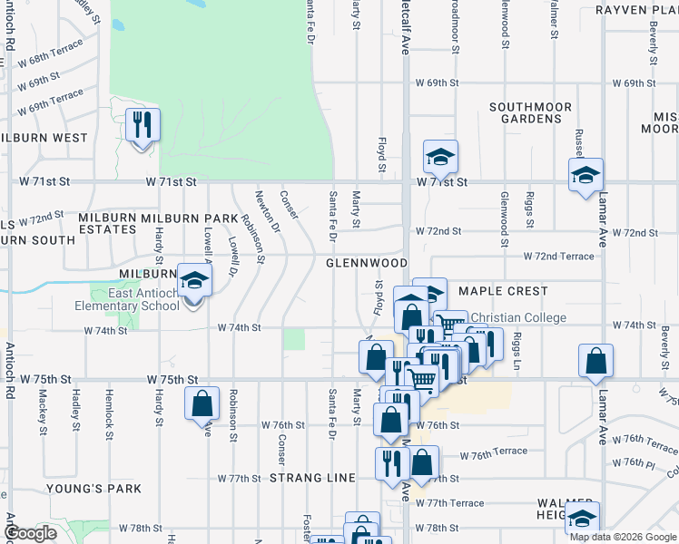 map of restaurants, bars, coffee shops, grocery stores, and more near 7243 Santa Fe Drive in Overland Park