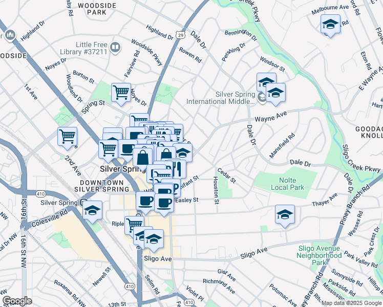 map of restaurants, bars, coffee shops, grocery stores, and more near 801 Wayne Avenue in Silver Spring