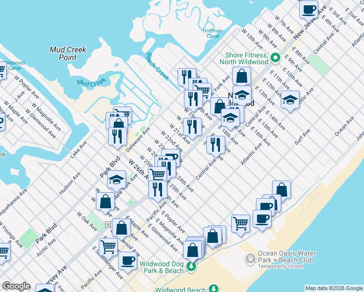 map of restaurants, bars, coffee shops, grocery stores, and more near 111 W 22nd Ave in North Wildwood