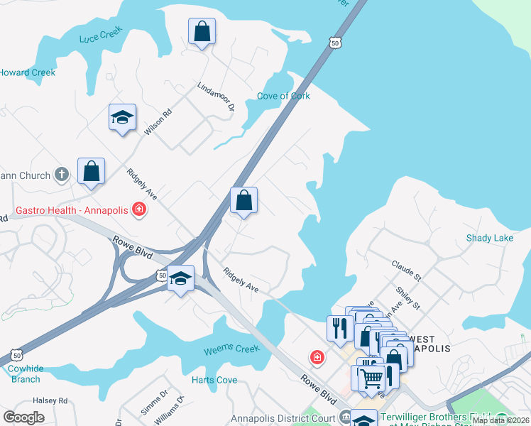 map of restaurants, bars, coffee shops, grocery stores, and more near 32 Collison Road in Annapolis