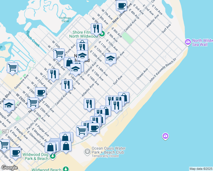 map of restaurants, bars, coffee shops, grocery stores, and more near 324 East 15th Avenue in North Wildwood