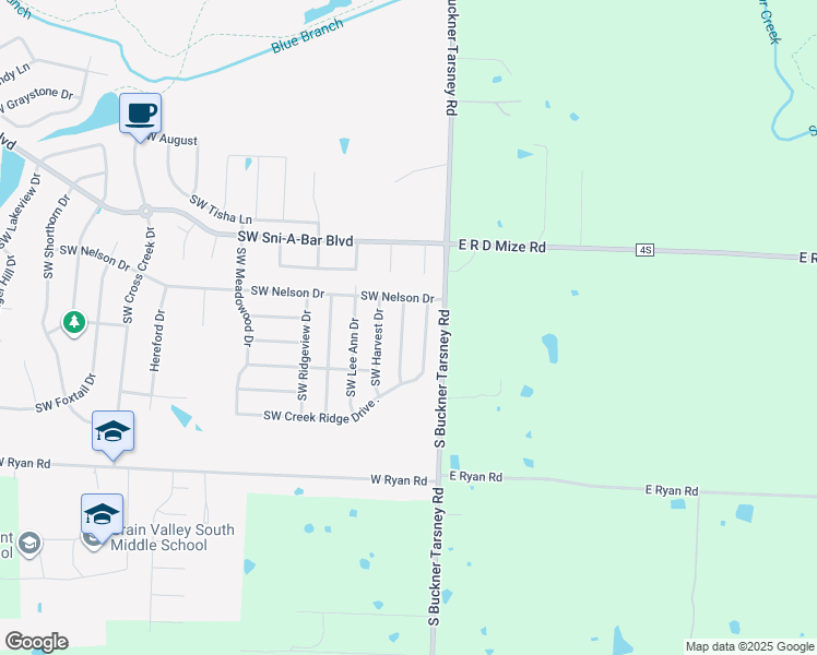 map of restaurants, bars, coffee shops, grocery stores, and more near 817 Southwest Highland Avenue in Grain Valley