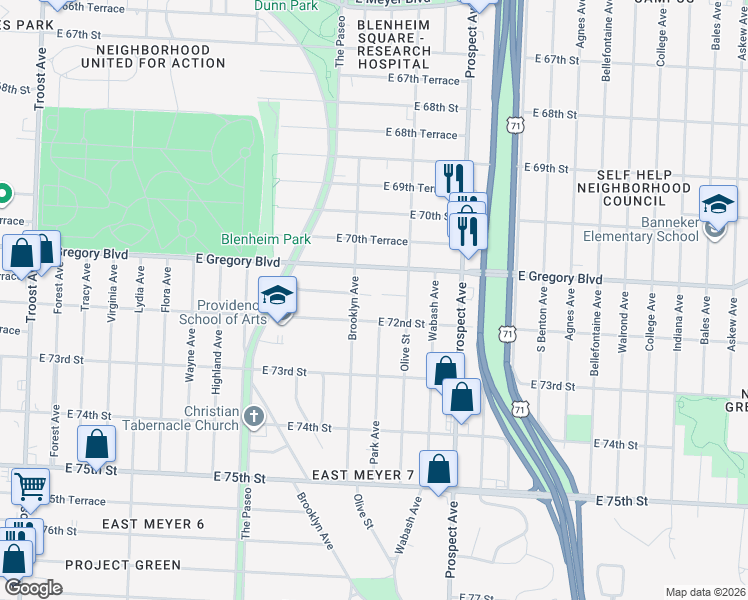 map of restaurants, bars, coffee shops, grocery stores, and more near 2309 East 71st Terrace in Kansas City