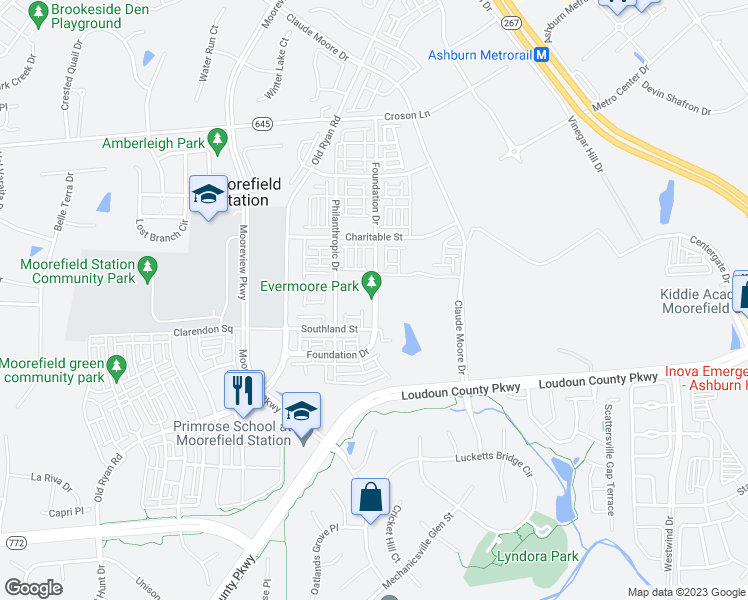 map of restaurants, bars, coffee shops, grocery stores, and more near 22483 Foundation Drive in Ashburn