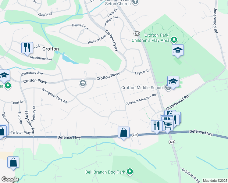 map of restaurants, bars, coffee shops, grocery stores, and more near 1730 Peartree Lane in Crofton