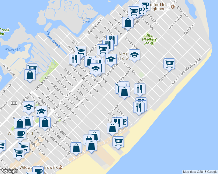 map of restaurants, bars, coffee shops, grocery stores, and more near 226 East 17th Avenue in North Wildwood