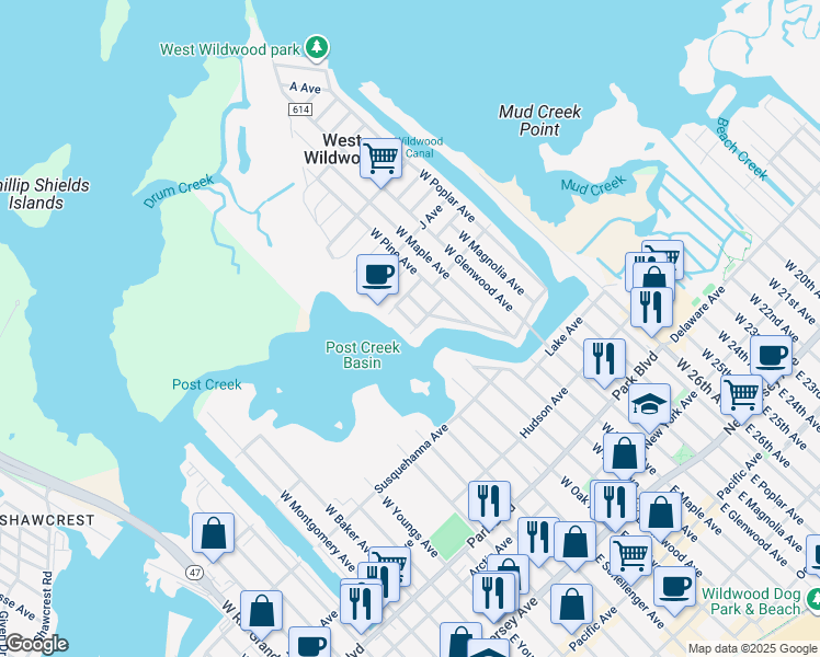 map of restaurants, bars, coffee shops, grocery stores, and more near 2 Mueller Avenue in Wildwood