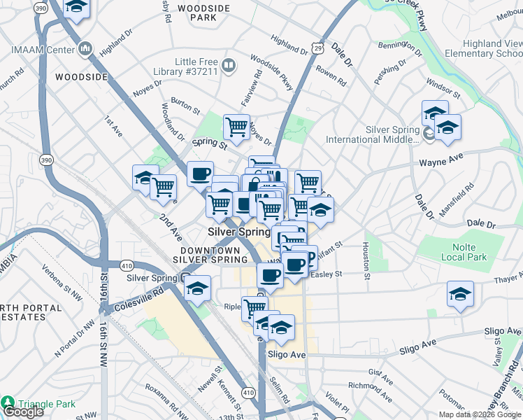 map of restaurants, bars, coffee shops, grocery stores, and more near 8661 Colesville Road in Silver Spring