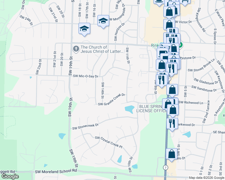 map of restaurants, bars, coffee shops, grocery stores, and more near 1304 SW Shawnee St in Blue Springs