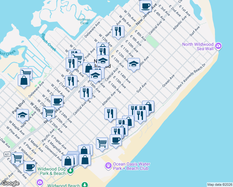 map of restaurants, bars, coffee shops, grocery stores, and more near 306 East 16th Avenue in North Wildwood