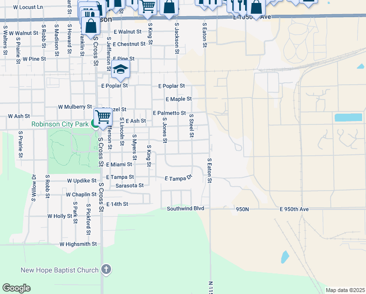 map of restaurants, bars, coffee shops, grocery stores, and more near 1100-1112 South Jackson Street in Robinson