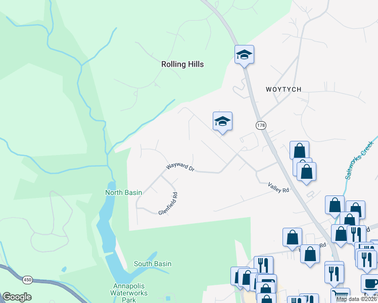 map of restaurants, bars, coffee shops, grocery stores, and more near 586 Wayward Court in Annapolis