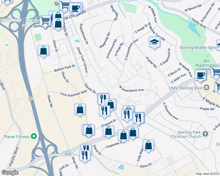 map of restaurants, bars, coffee shops, grocery stores, and more near 1033 Margate Court in Sterling