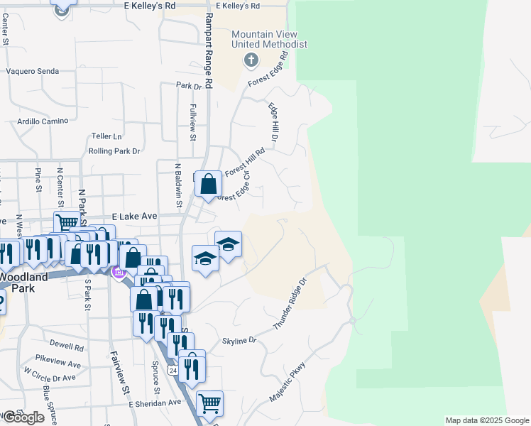 map of restaurants, bars, coffee shops, grocery stores, and more near 401 Mountain View Place in Woodland Park