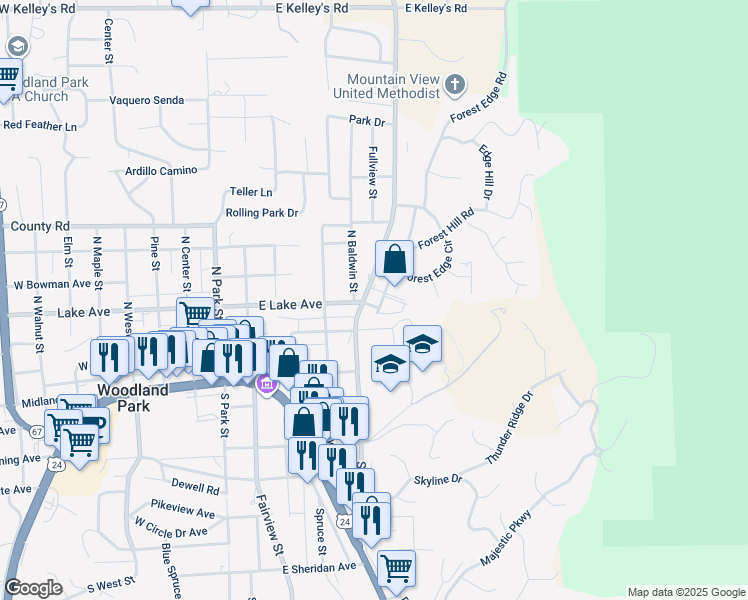 map of restaurants, bars, coffee shops, grocery stores, and more near 401 Rampart Range Road in Woodland Park