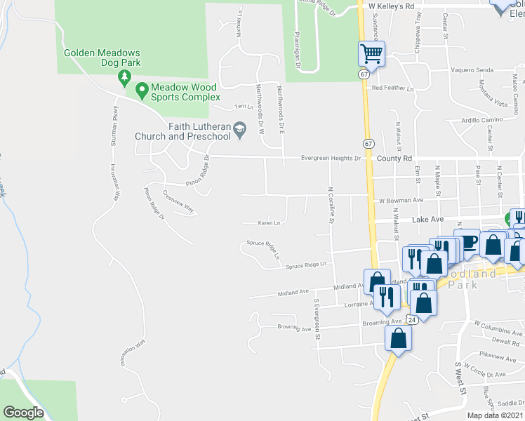 map of restaurants, bars, coffee shops, grocery stores, and more near 410 Craig Court in Woodland Park