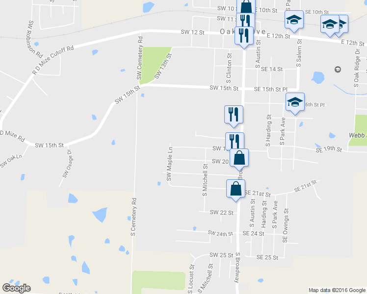map of restaurants, bars, coffee shops, grocery stores, and more near 219 Southwest 19 Street in Oak Grove