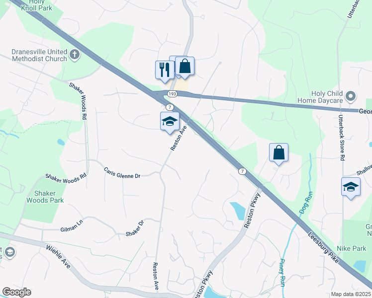 map of restaurants, bars, coffee shops, grocery stores, and more near 1121 Reston Avenue in Herndon