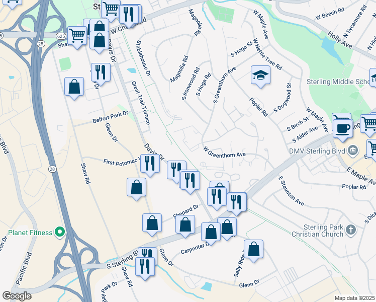 map of restaurants, bars, coffee shops, grocery stores, and more near 1033A Margate Court in Sterling