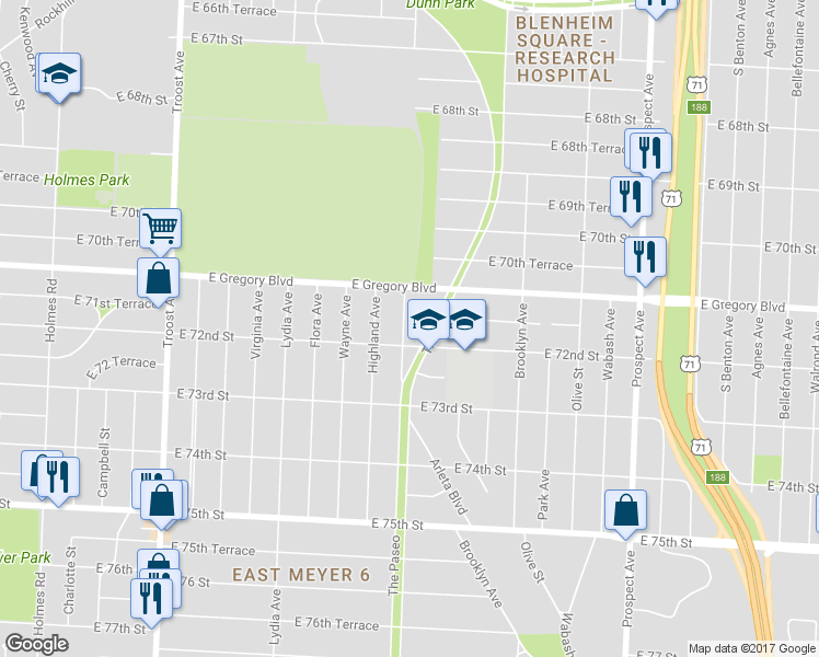 map of restaurants, bars, coffee shops, grocery stores, and more near 7133 Woodland Avenue in Kansas City