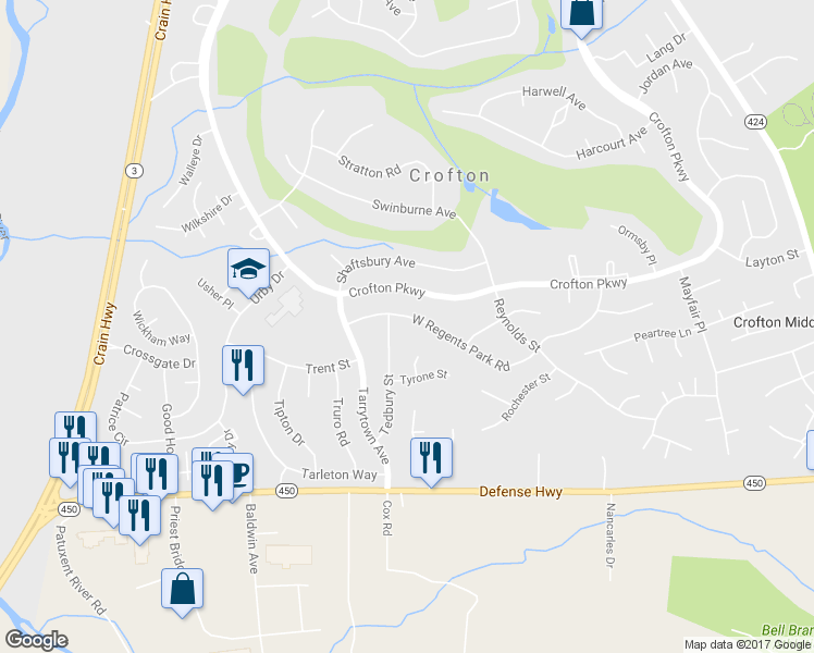 map of restaurants, bars, coffee shops, grocery stores, and more near 1760 Regents Park Road in Crofton