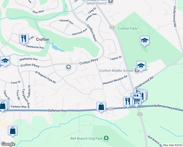 map of restaurants, bars, coffee shops, grocery stores, and more near 1728 Peartree Lane in Crofton