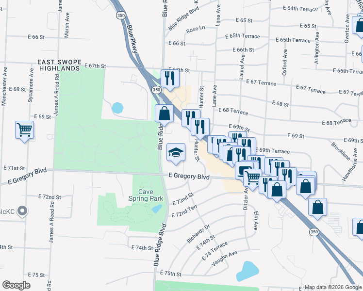 map of restaurants, bars, coffee shops, grocery stores, and more near 7000 Kentucky Avenue in Raytown