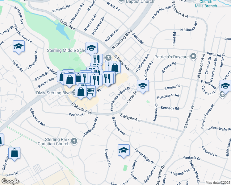 map of restaurants, bars, coffee shops, grocery stores, and more near 274 Coventry Square in Sterling
