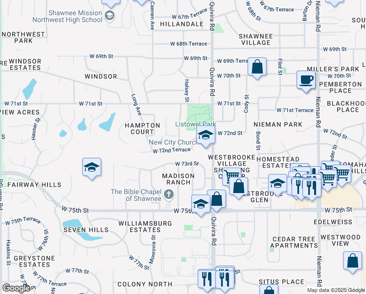 map of restaurants, bars, coffee shops, grocery stores, and more near 12014 West 72nd Terrace in Shawnee