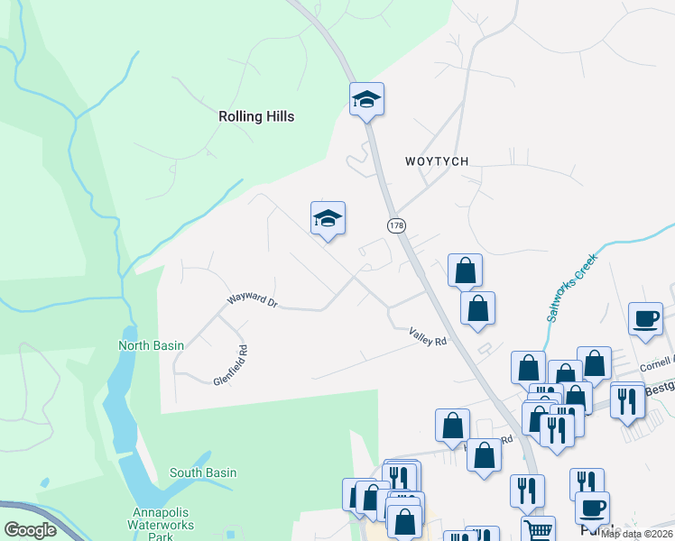 map of restaurants, bars, coffee shops, grocery stores, and more near 1986 Valley Road in Annapolis