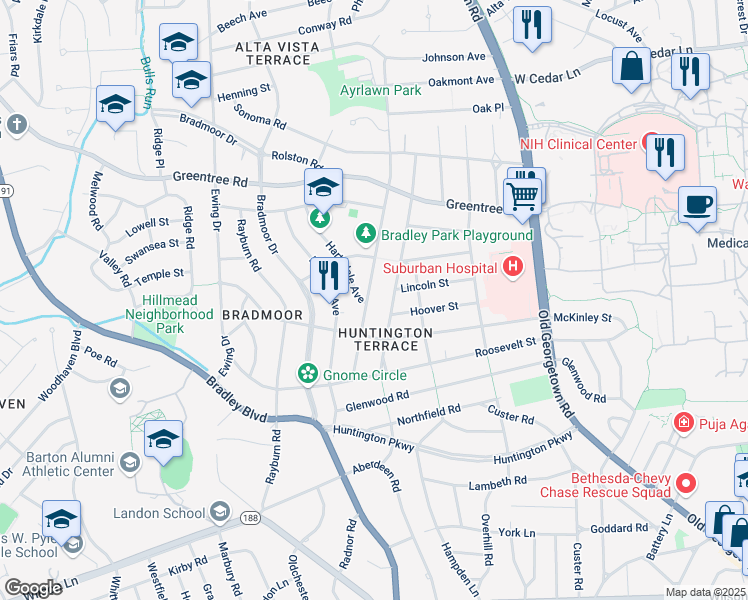 map of restaurants, bars, coffee shops, grocery stores, and more near 8615 Hempstead Avenue in Bethesda