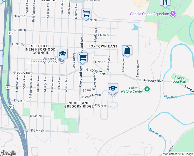 map of restaurants, bars, coffee shops, grocery stores, and more near 7107 Myrtle Avenue in Kansas City