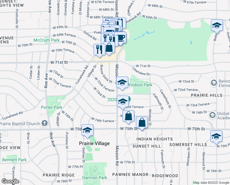 map of restaurants, bars, coffee shops, grocery stores, and more near 3903 West 72nd Terrace in Prairie Village
