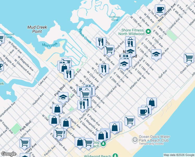 map of restaurants, bars, coffee shops, grocery stores, and more near 111 West 22nd Avenue in North Wildwood