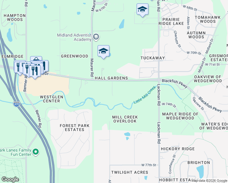 map of restaurants, bars, coffee shops, grocery stores, and more near 15609 Midland Drive in Shawnee