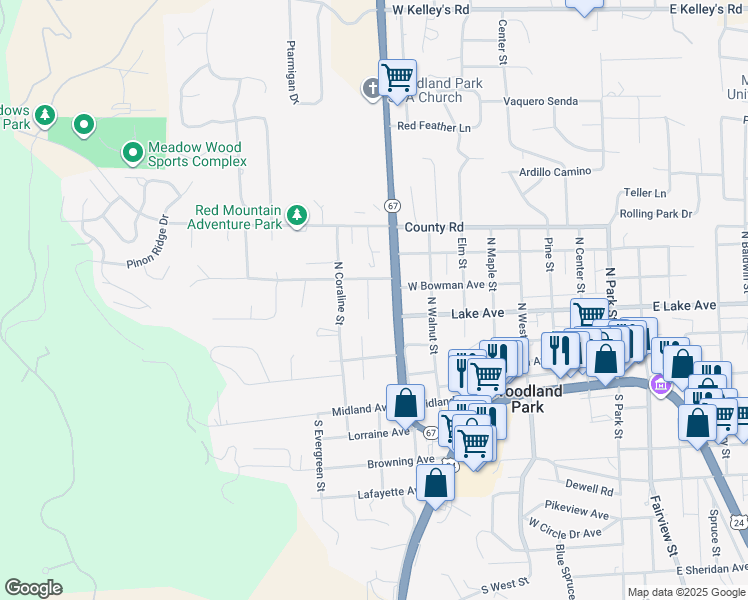 map of restaurants, bars, coffee shops, grocery stores, and more near 414 Colorado 67 in Woodland Park