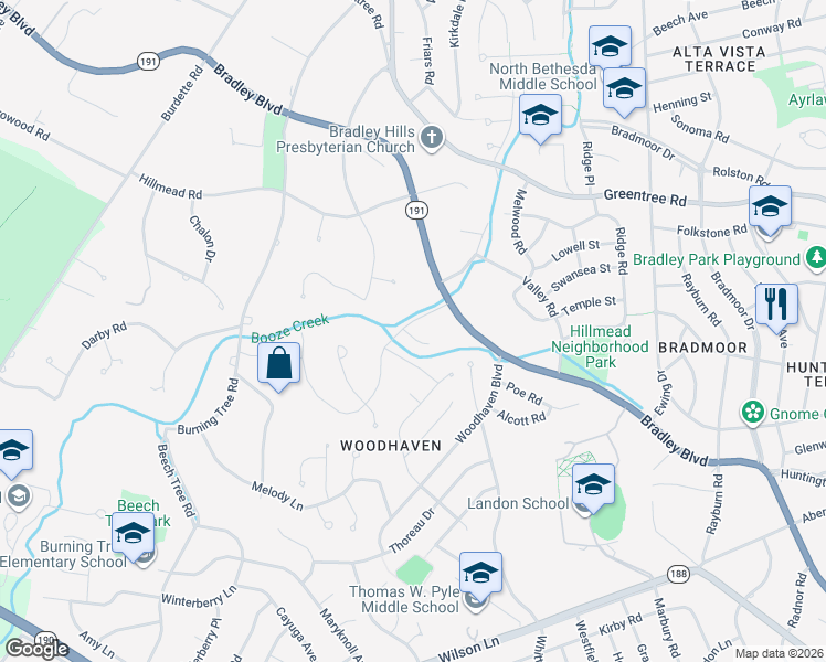 map of restaurants, bars, coffee shops, grocery stores, and more near 6419 Lybrook Drive in Bethesda
