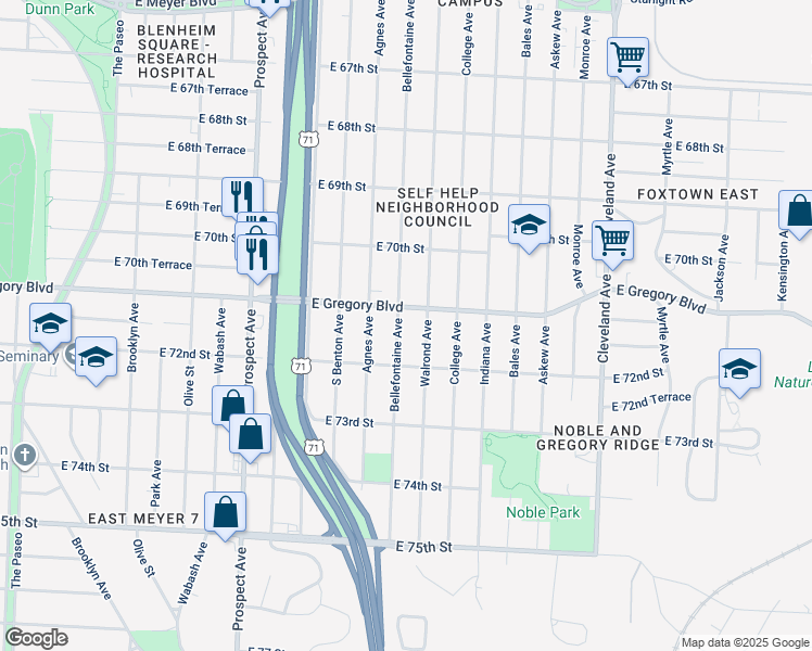 map of restaurants, bars, coffee shops, grocery stores, and more near 7119 Bellefontaine Avenue in Kansas City