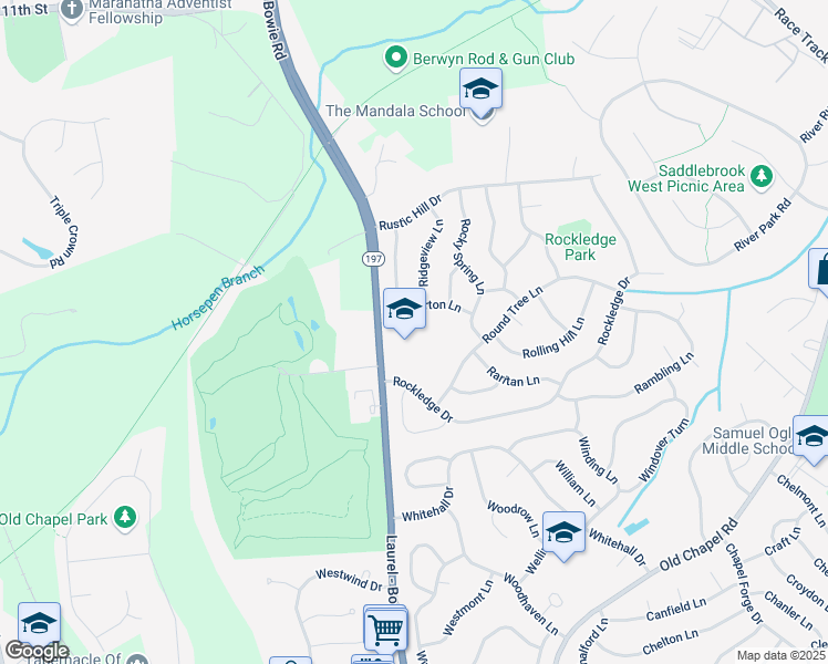 map of restaurants, bars, coffee shops, grocery stores, and more near 7701 Laurel Bowie Road in Bowie