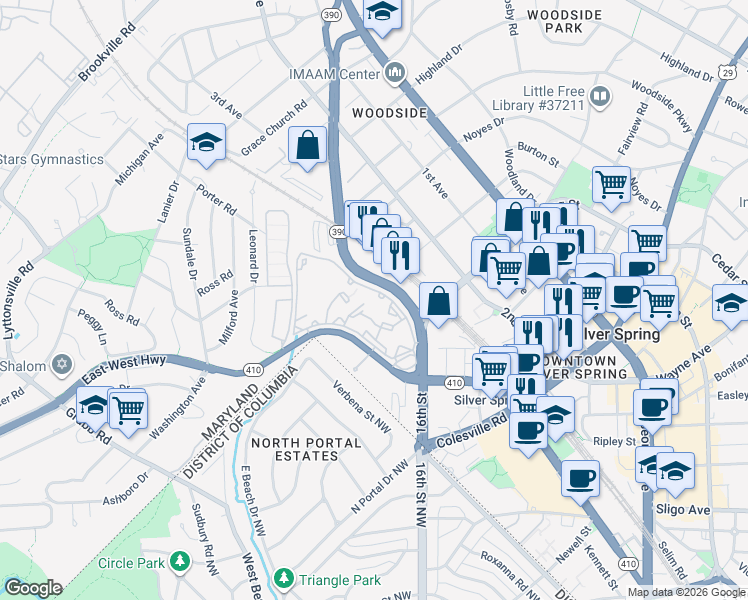map of restaurants, bars, coffee shops, grocery stores, and more near 101 Independence Avenue Southeast in Washington