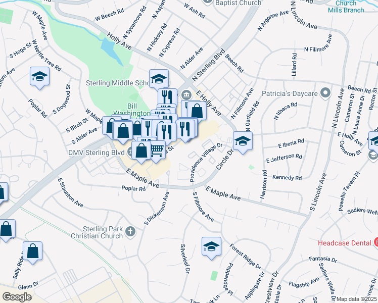 map of restaurants, bars, coffee shops, grocery stores, and more near 258 Coventry Square in Sterling