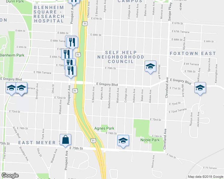 map of restaurants, bars, coffee shops, grocery stores, and more near 7119 Bellefontaine Avenue in Kansas City