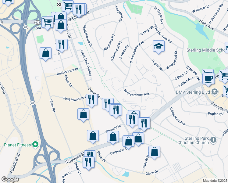 map of restaurants, bars, coffee shops, grocery stores, and more near 1031B Margate Court in Sterling
