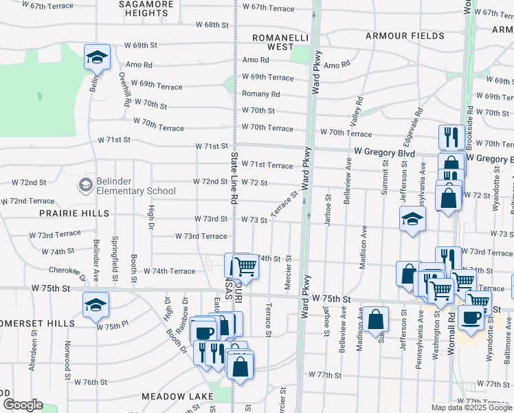 map of restaurants, bars, coffee shops, grocery stores, and more near 1267 West 72 Terrace in Kansas City
