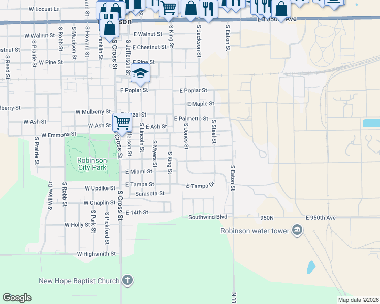map of restaurants, bars, coffee shops, grocery stores, and more near 1101-1115 South Jones Street in Robinson