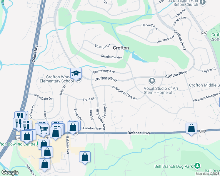 map of restaurants, bars, coffee shops, grocery stores, and more near 1760 West Regents Park Road in Crofton