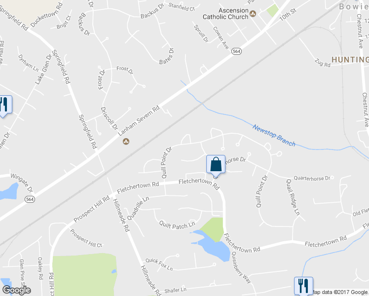 map of restaurants, bars, coffee shops, grocery stores, and more near 7919 Quill Point Drive in Bowie