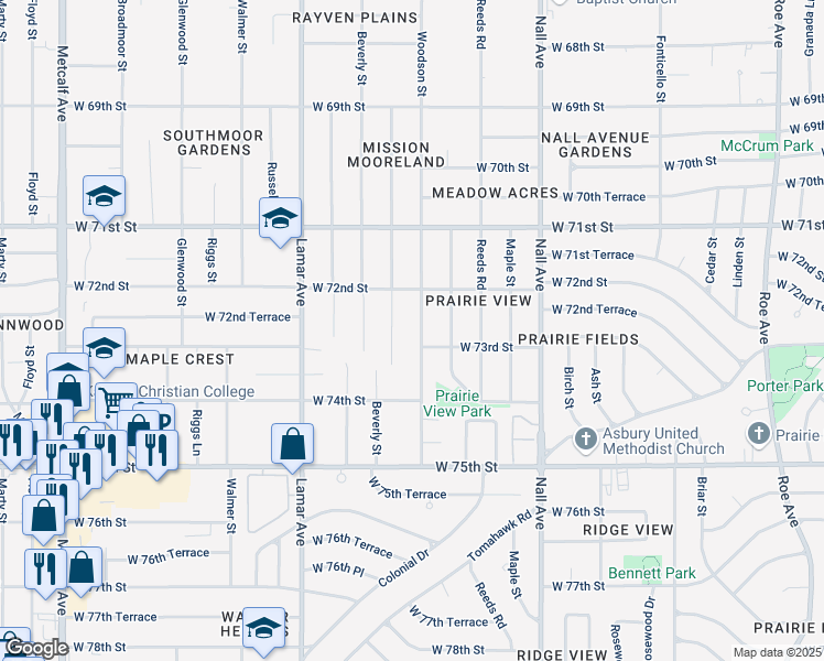 map of restaurants, bars, coffee shops, grocery stores, and more near 7239 Dearborn Street in Overland Park