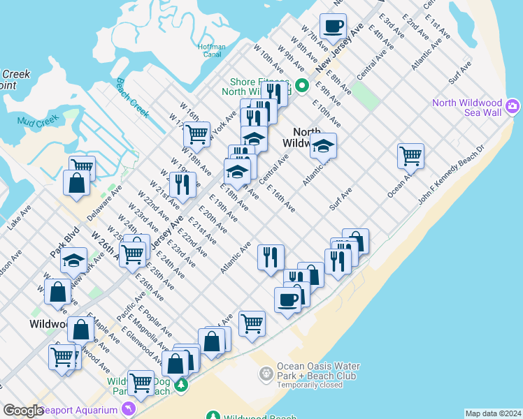 map of restaurants, bars, coffee shops, grocery stores, and more near 226 East 17th Avenue in North Wildwood